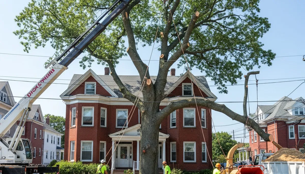 Arborists using bucket truck for large tree removal in Somerville, MA near Boston homes