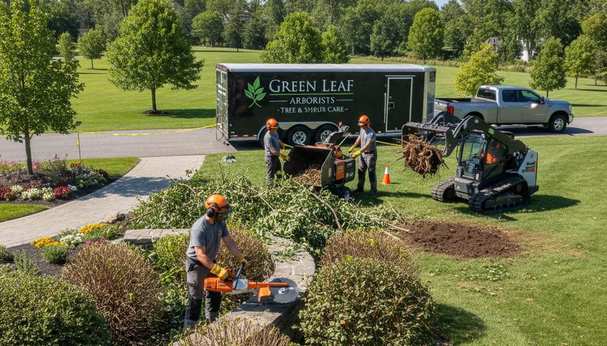 Crew performing professional shrub removal at a Boston MA home yard by Chop Chop Tree