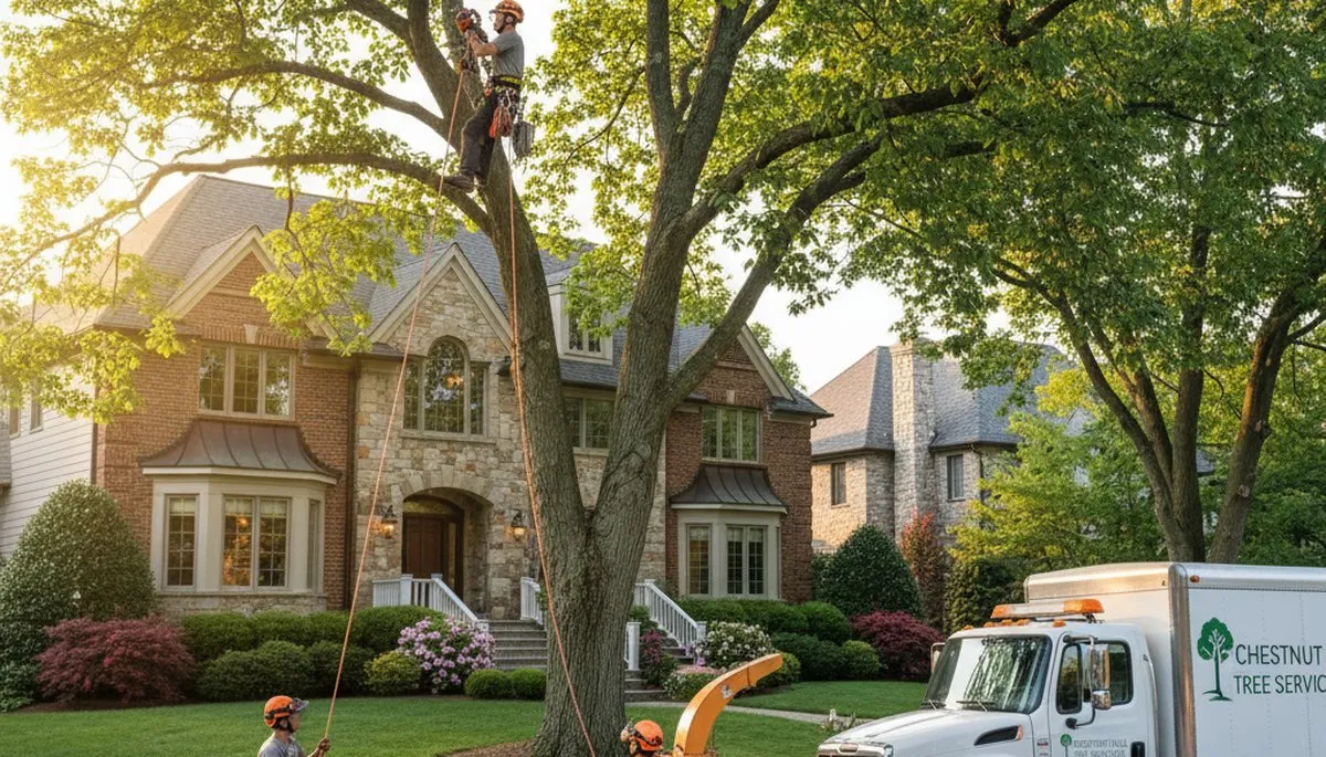 Professional tree removal service crew working safely in Boston MA residential neighborhood