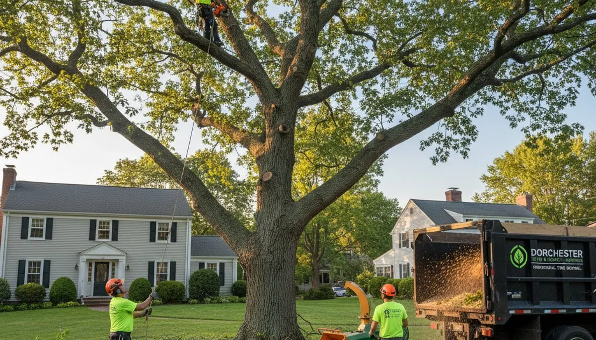 Professional tree removal service in Boston MA safely cutting and clearing large tree